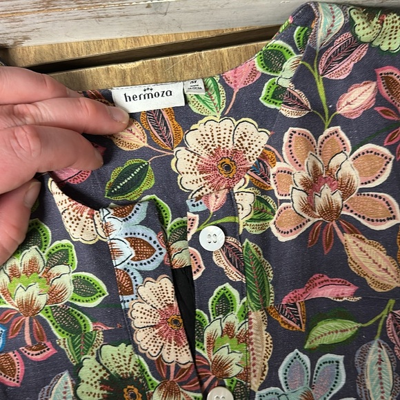 Hermoza greatshape linen navy flora flower print multi color maxi belt dress - Picture 6 of 7